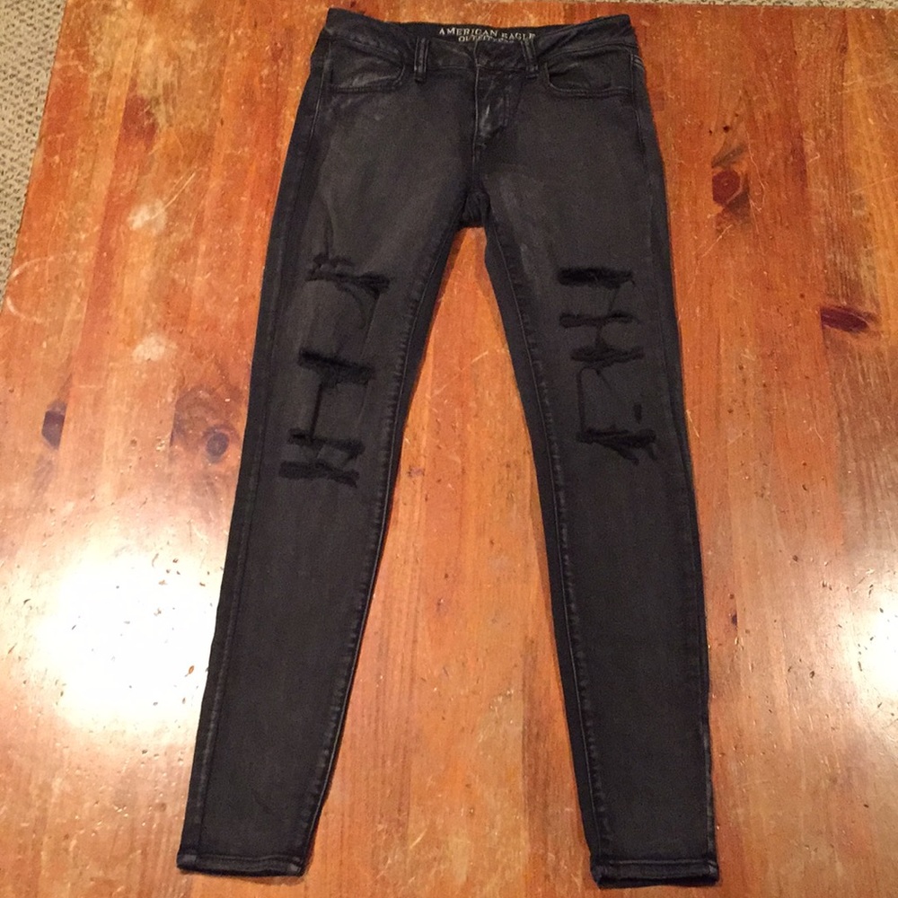 American Eagle Brand Black Destroyed Jeans Size: 4